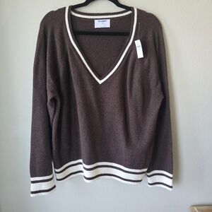 Old Navy SoSoft Loose V-Neck Sweater Brown Cream Large TALL NWT